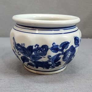 Vintage Planter Pot Blue White Floral Chinoiserie Ceramic Small 5in